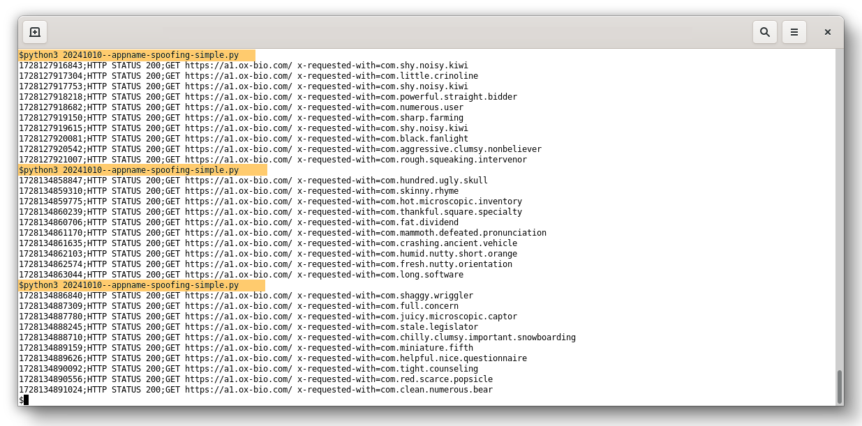 Figure 6: The output of the Python script. The python command with script name are marked in orange. The output starts with an epoch time, the reported HTTP status, the method, the URL, and the used Android appname