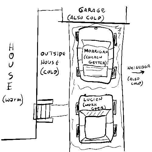 Very Accurate Diagram of our driveway in the winter.