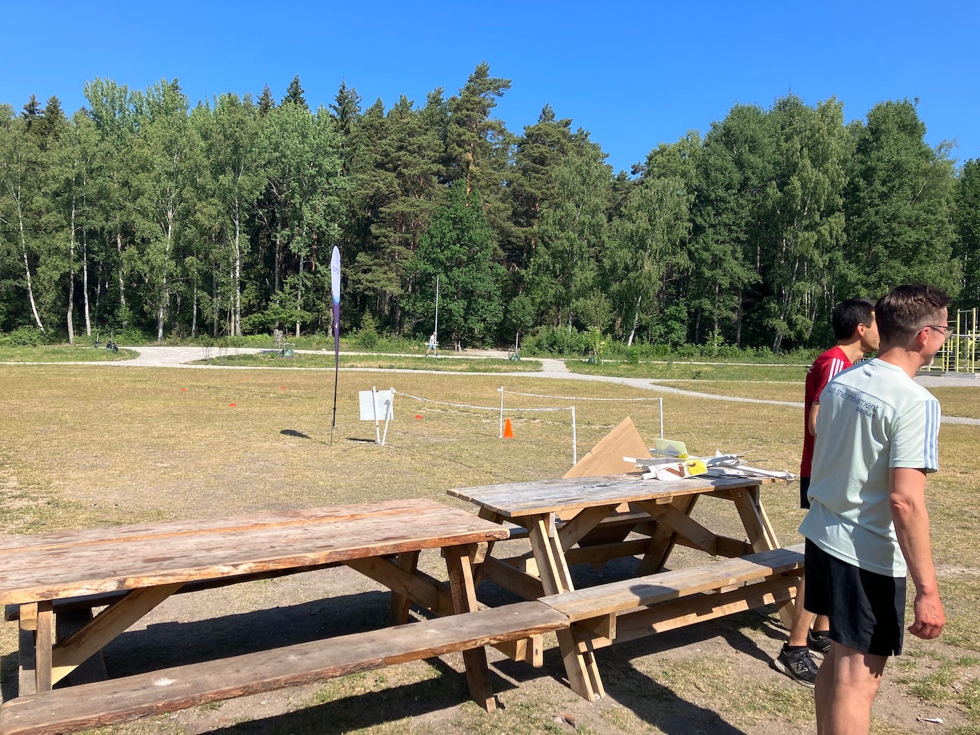 Picnic tables at the finish line