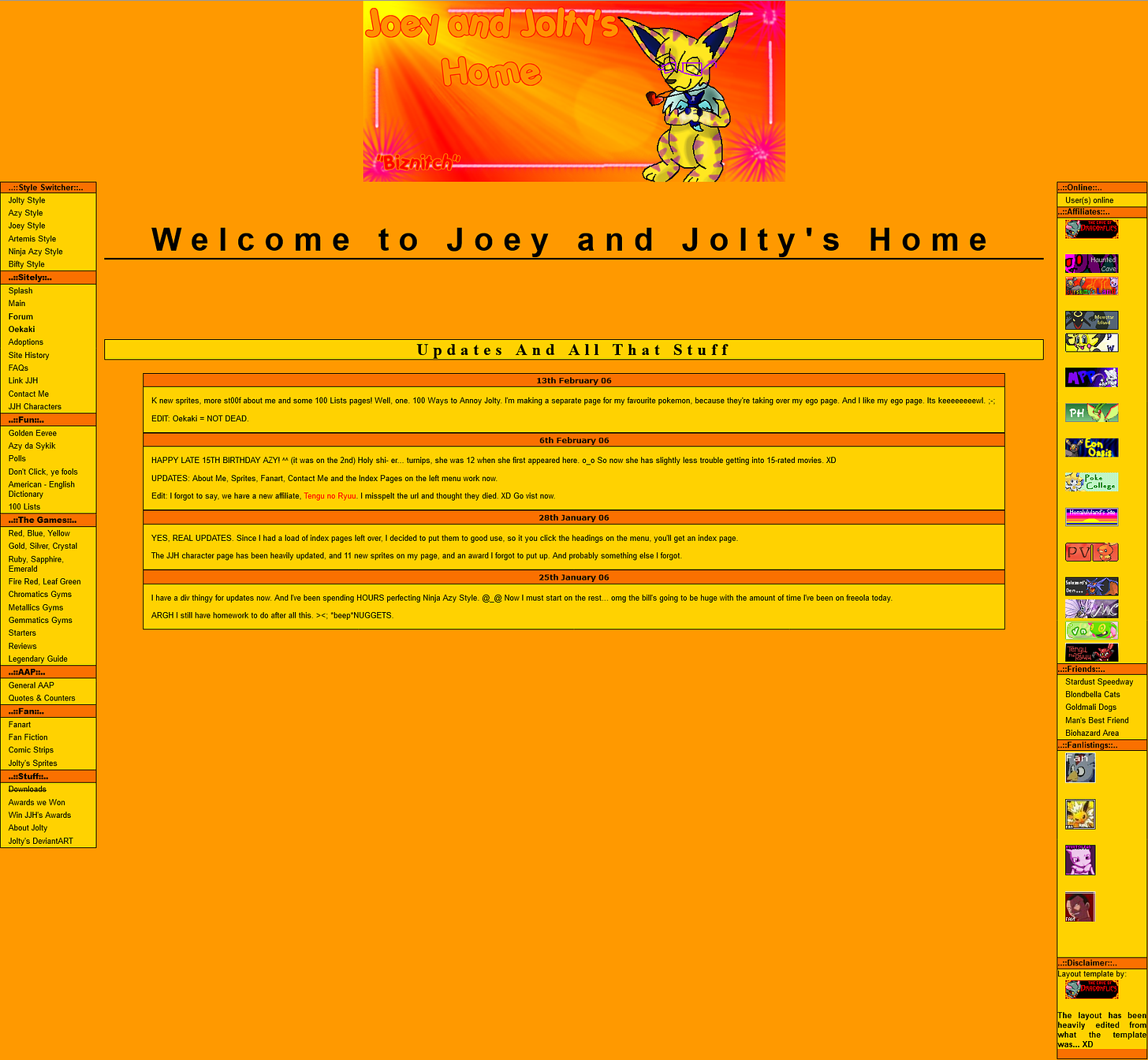 Joey & Jolty's Home website layout from February 2006
