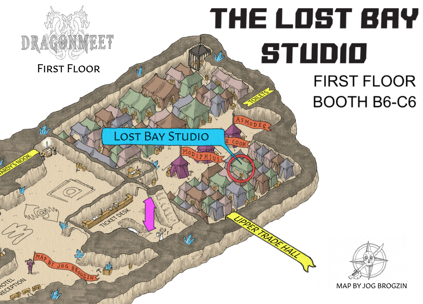 A map of the Dragonmeet First Floor Trade Hall booths drawn as medieval tents. A circle surrounds booths B6/C6 which is on the map-relative middle "south" side, across from the Monte Cook Games tent/booth.