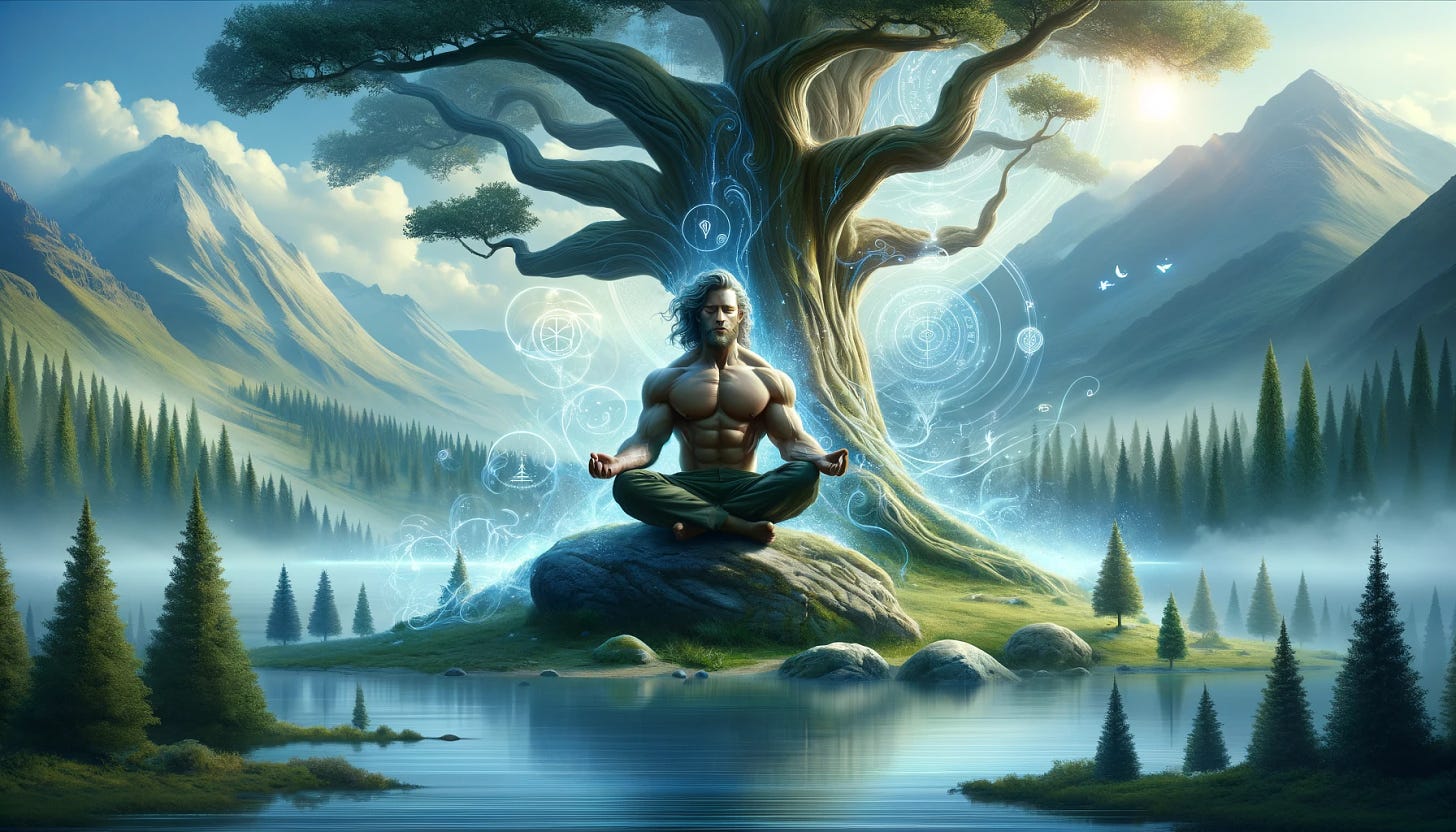 Create digital art in landscape format depicting a masculine man meditating on making good decisions. The man should be sitting in a meditative pose, possibly on a rock or under a large, ancient tree, symbolizing stability and growth. Surround him with a serene and peaceful landscape, such as a calm lake, mountains in the background, and a clear, blue sky to represent clarity of mind. Incorporate ethereal elements like soft light beams or floating symbols representing thoughts or decisions, subtly surrounding the man to enhance the theme of contemplation and wisdom. The overall atmosphere should be tranquil and inspiring, reflecting the internal journey towards making good decisions.