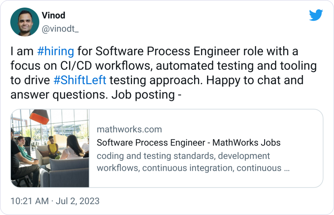  Vinod @vinodt_ I am #hiring for Software Process Engineer role with a focus on CI/CD workflows, automated testing and tooling to drive #ShiftLeft testing approach. Happy to chat and answer questions. Job posting -