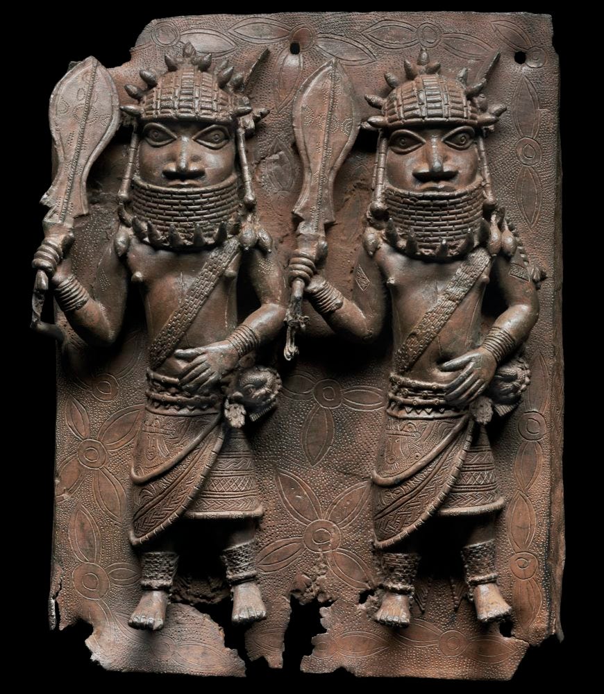 Artist Unidentified, Relief plaque showing two officials with raised swords, c. 1530-1570, copper alloy (Robert Owen Lehman Collection, Courtesy Museum of Fine Arts, Boston)
