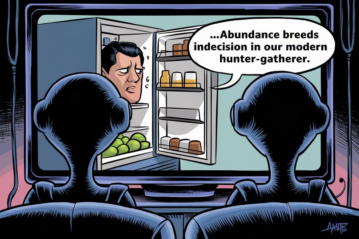 Cartoon illustration: Shot of two aliens from behind, watching a large TV screen. Inside the TV, a man is holding a fridge door open, looking dissatisfied and indecisive. A speech bubble coming from the TV says: '...abundance breeds indecision in our modern hunter-gatherer.' The aliens’ heads and backs are visible, sitting in their futuristic living room with a focus on the TV screen.