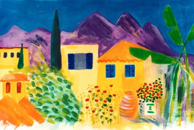 Sarah's painting of Stoupa in Greece, where we go for our honeymoon.