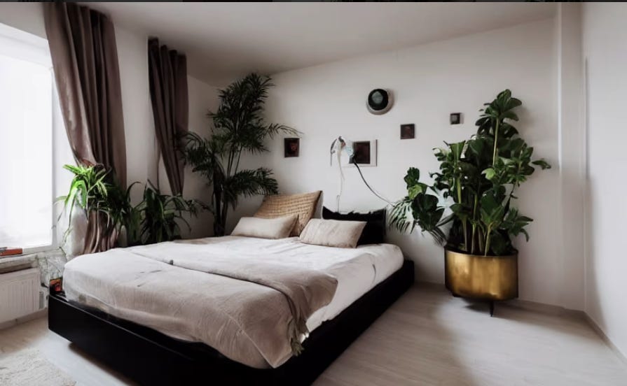 صورة لغرفة نوم مع بعض النباتات، نعم هذه صورة تخيليّة 100% وليست حقيقية!