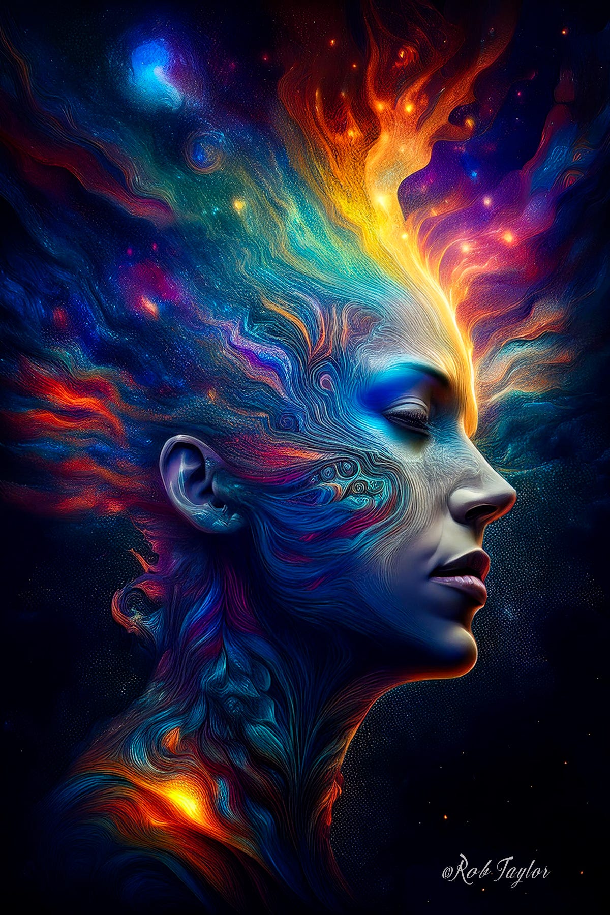 Digital illustration of a woman's profile with closed eyes, surrounded by swirling vibrant colors of blue, orange, and yellow. The flowing lines and cosmic patterns emanate from her head, symbolizing expanded consciousness, inner peace, and interconnected thought. Her serene expression reflects a state of deep contemplation and transcendence.