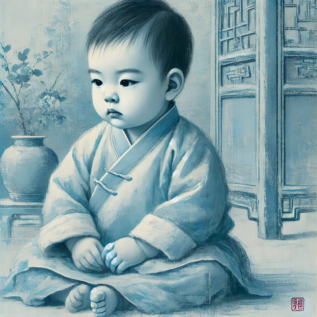 A Chinese baby in a blue period art style, with a somber expression. The artwork features soft blue hues dominating the scene, capturing a melancholic and introspective mood. The background and elements around the baby are painted in simple, expressive brushstrokes that evoke the feeling of sadness and tranquility, ensuring the style is original and does not infringe on any copyrights.