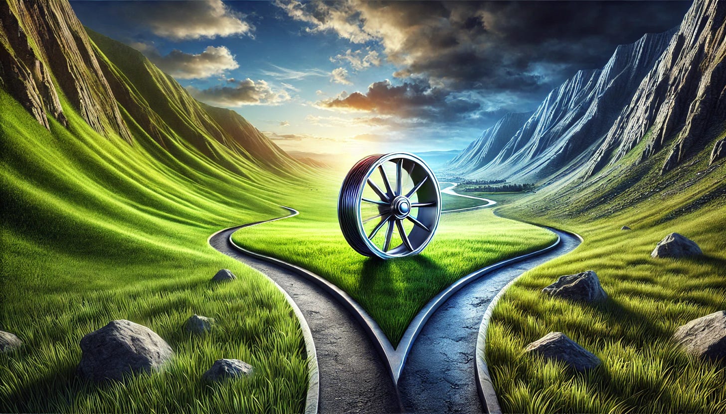 A widescreen conceptual illustration of a metaphorical wheel rolling toward a fork in the road. One path leads to a gentle, rolling field with verdant, pastoral grass, symbolizing stability and calm. The other path is steep and scenic, with dramatic ups and downs, symbolizing volatility and excitement, yet equally beautiful with rocky landscapes and striking vistas. The wheel is central in the image, subtly glowing to highlight its metaphorical importance, with the fork in the road clearly visible. The scene is vibrant and inviting, with dynamic lighting to enhance the contrast between the two paths.