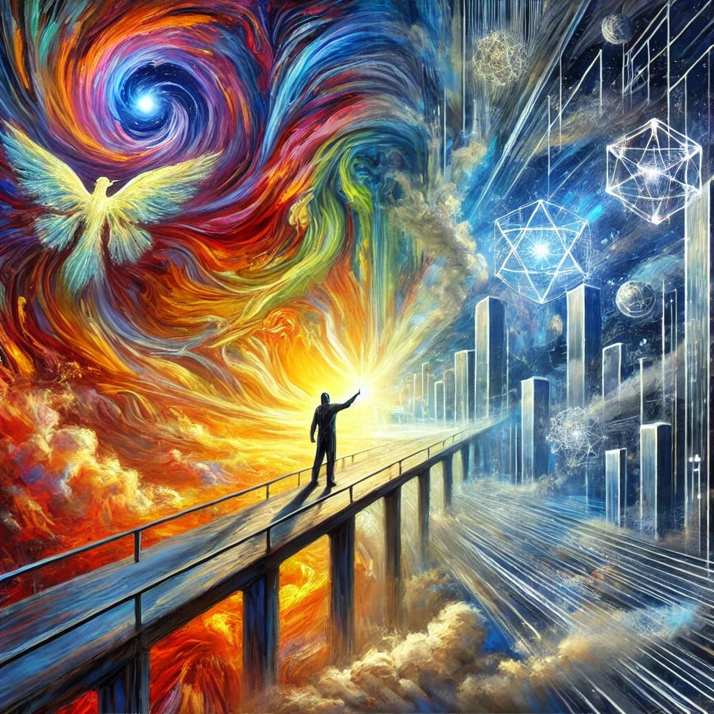 A futuristic impressionist painting depicting a thoughtful traveler standing on a bridge between two contrasting worlds. On the left, an abstract, inner world filled with swirling colors, flowing shapes, and radiant light, symbolizing intuition, myth, and inner adventure. On the right, a structured outer world features sleek lines, metallic tones, and geometric patterns, representing rationality, science, and technological progress. The traveler is reaching towards the vibrant, abstract side with one hand while keeping one foot in the structured world, representing a balance between inner intuition and external rationality. The sky blends both worlds' colors, emphasizing their connection. Light and shadow create a deep emotional contrast, highlighting the scene's duality.