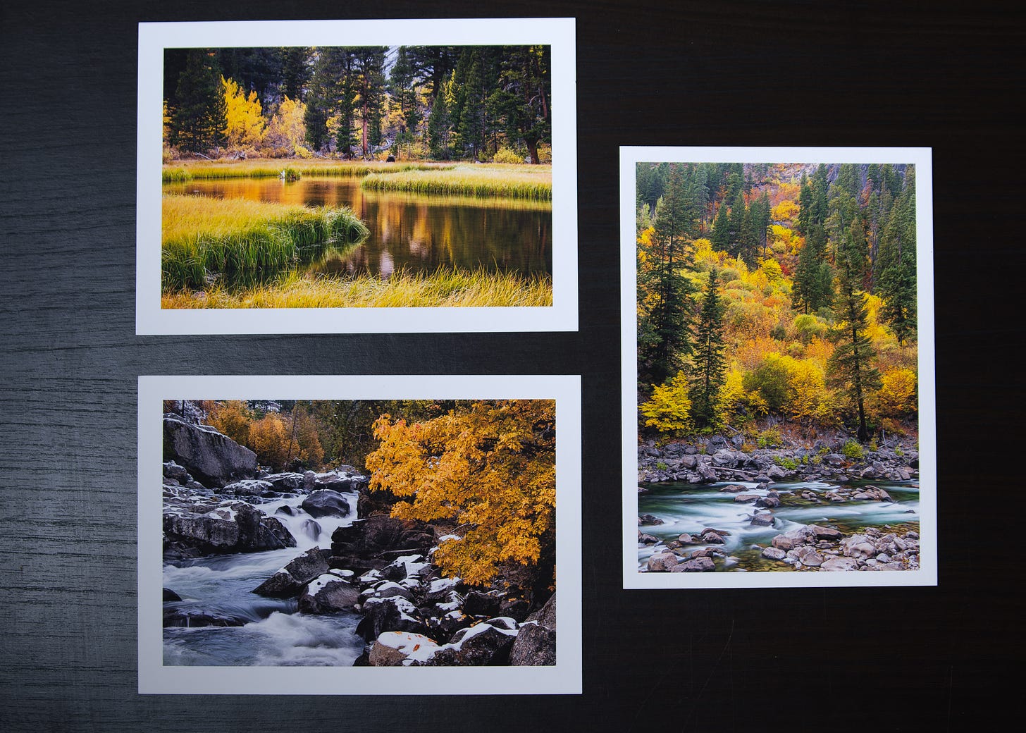 Three photo prints on a black table showing fall color scenes