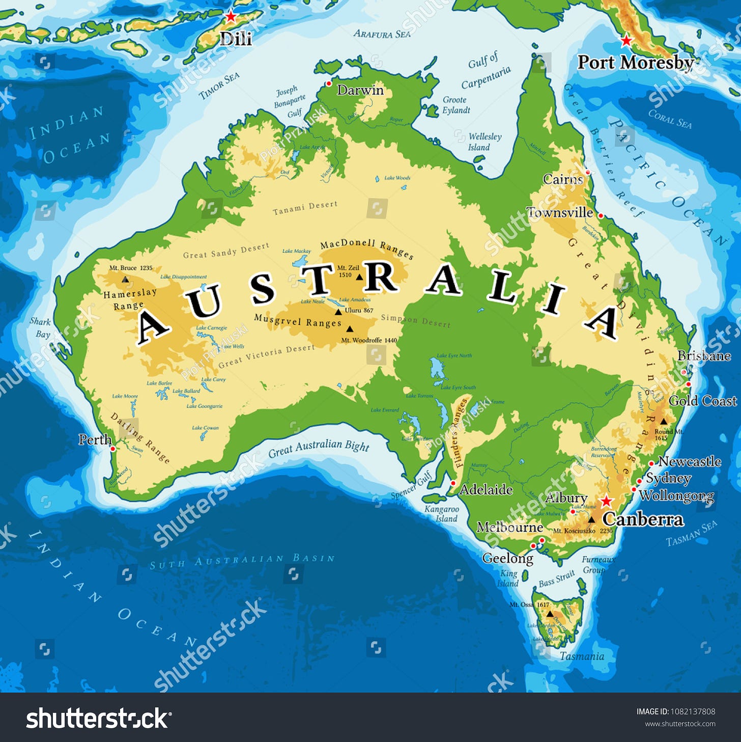 Australia physical map. Elements of image furnished by NASA.