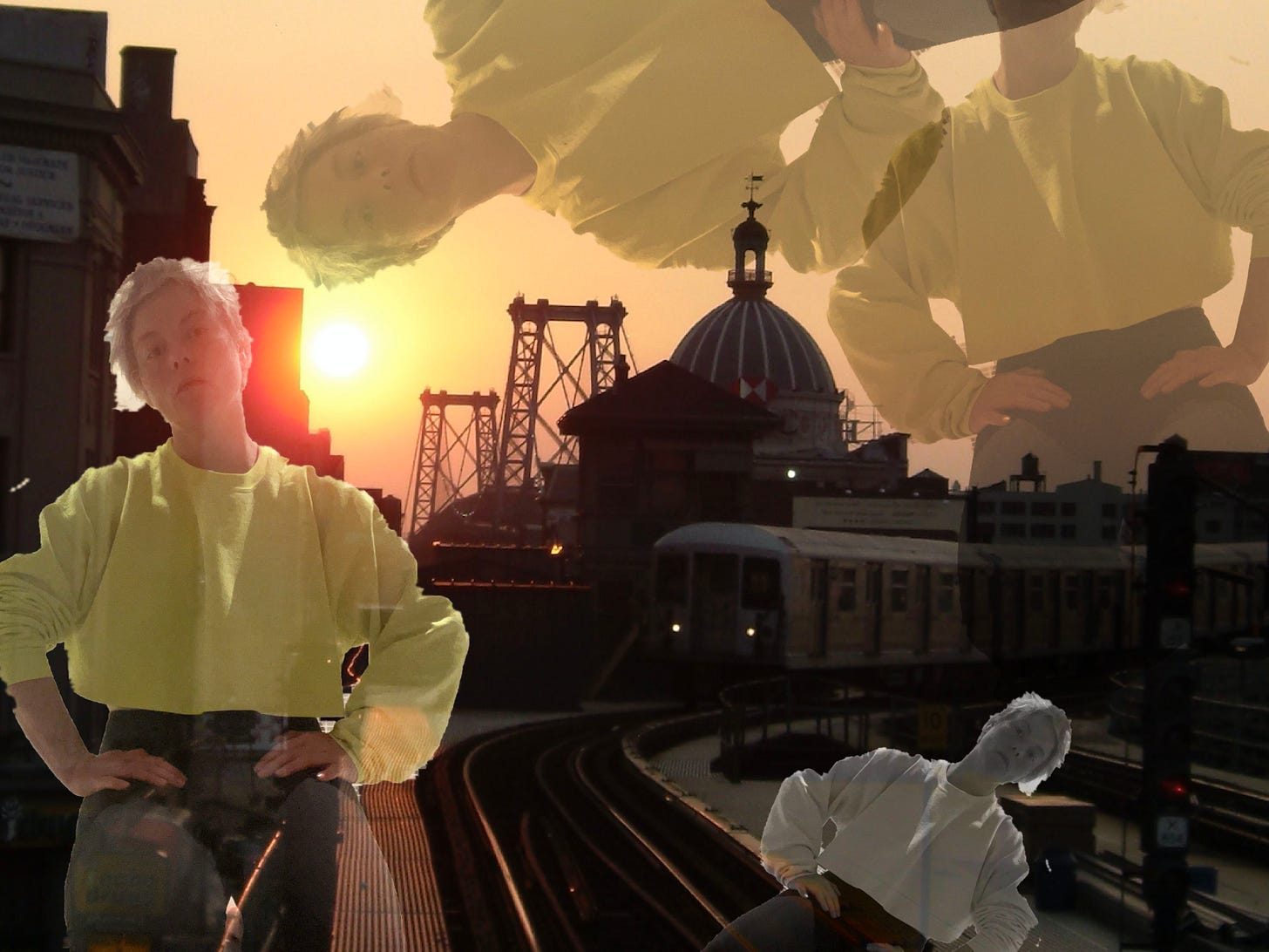 A collage of the author and the image of a train coming over a bridge at sunset.