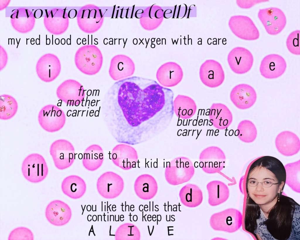 My poem formatted on a piece of artwork called “Valentine Cell” by David A Litman via Pixels.com. There are pink cells scattered throughout and a big cell encircling a heart in the center. On the bottom right is a picture of 13-year-old me in oval silver glasses and pigtails.