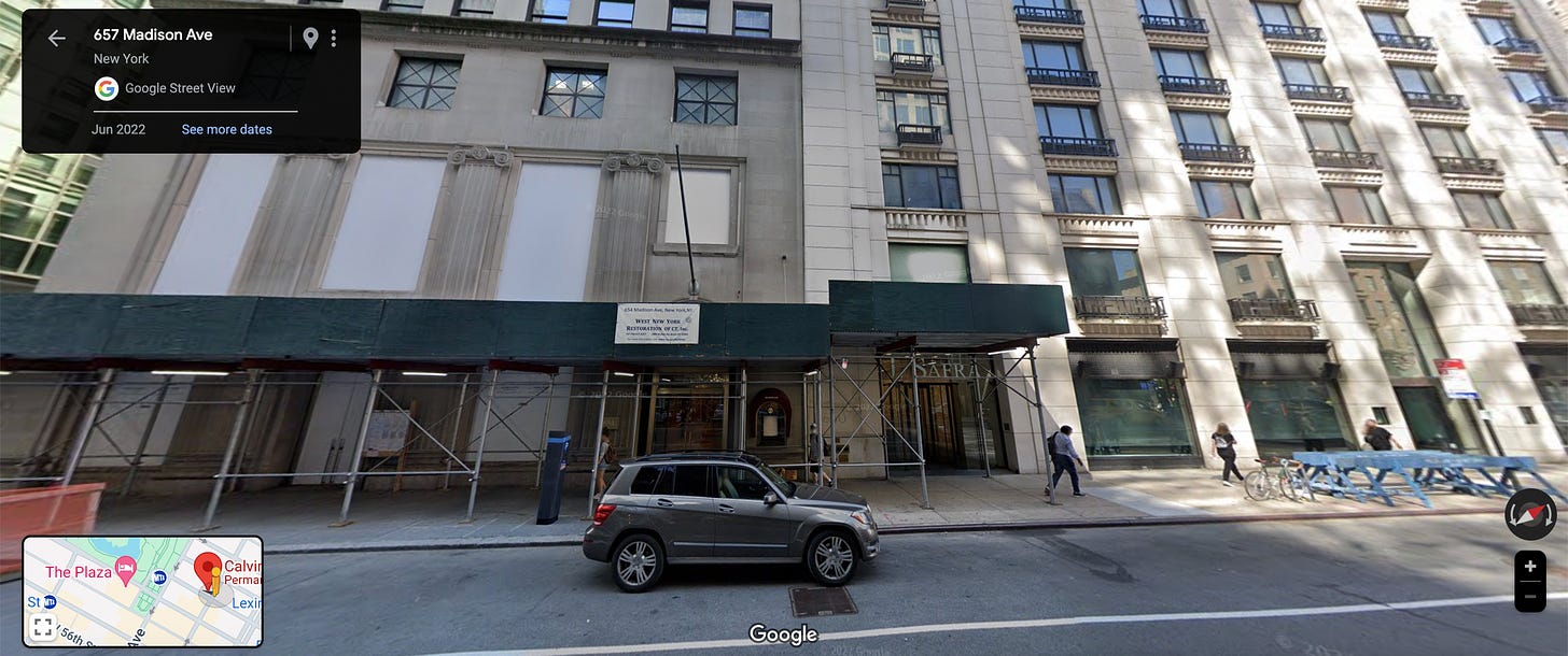 A screenshot from Google maps depicting the west of Madison Ave between 60th and 61st streets. The two buildings show are largely boarded up and covered in scaffolding.