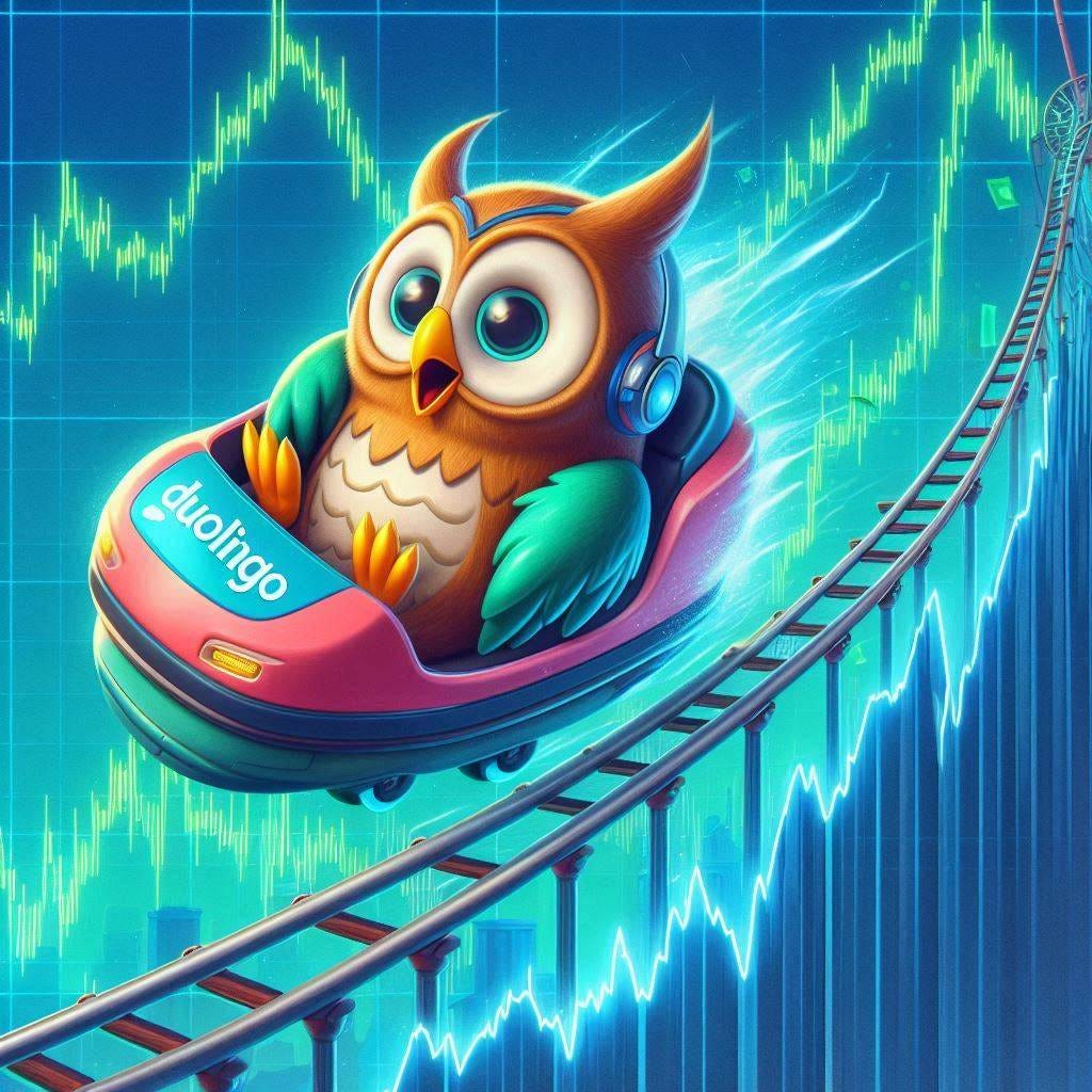 An owl resembling the duolingo owl riding a rollercoaster that's sliding fast down a stock chart that's crashing lower