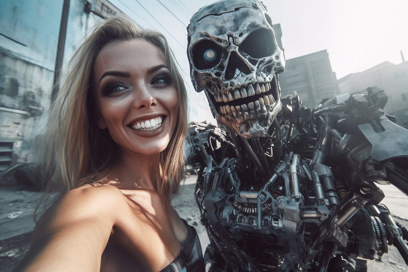 A hyper - realistic GoPro selfie of a smiling glamorous Influencer with Terminator. Extreme environment. --ar 3:2