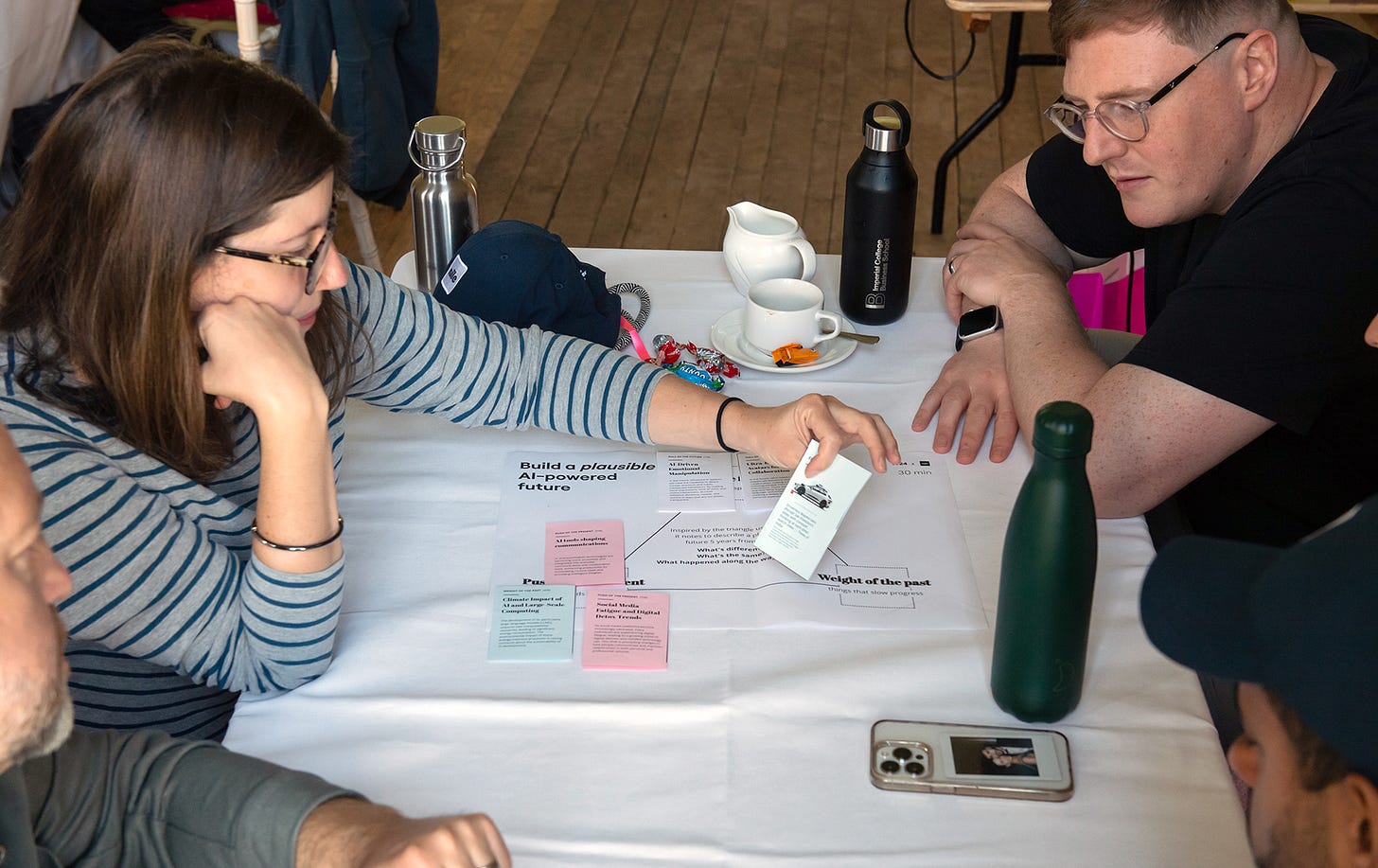 Photo of a group of people around a table engrossed in a workshop activity. The activity is titled 'Build a plausible AI-powered future'.