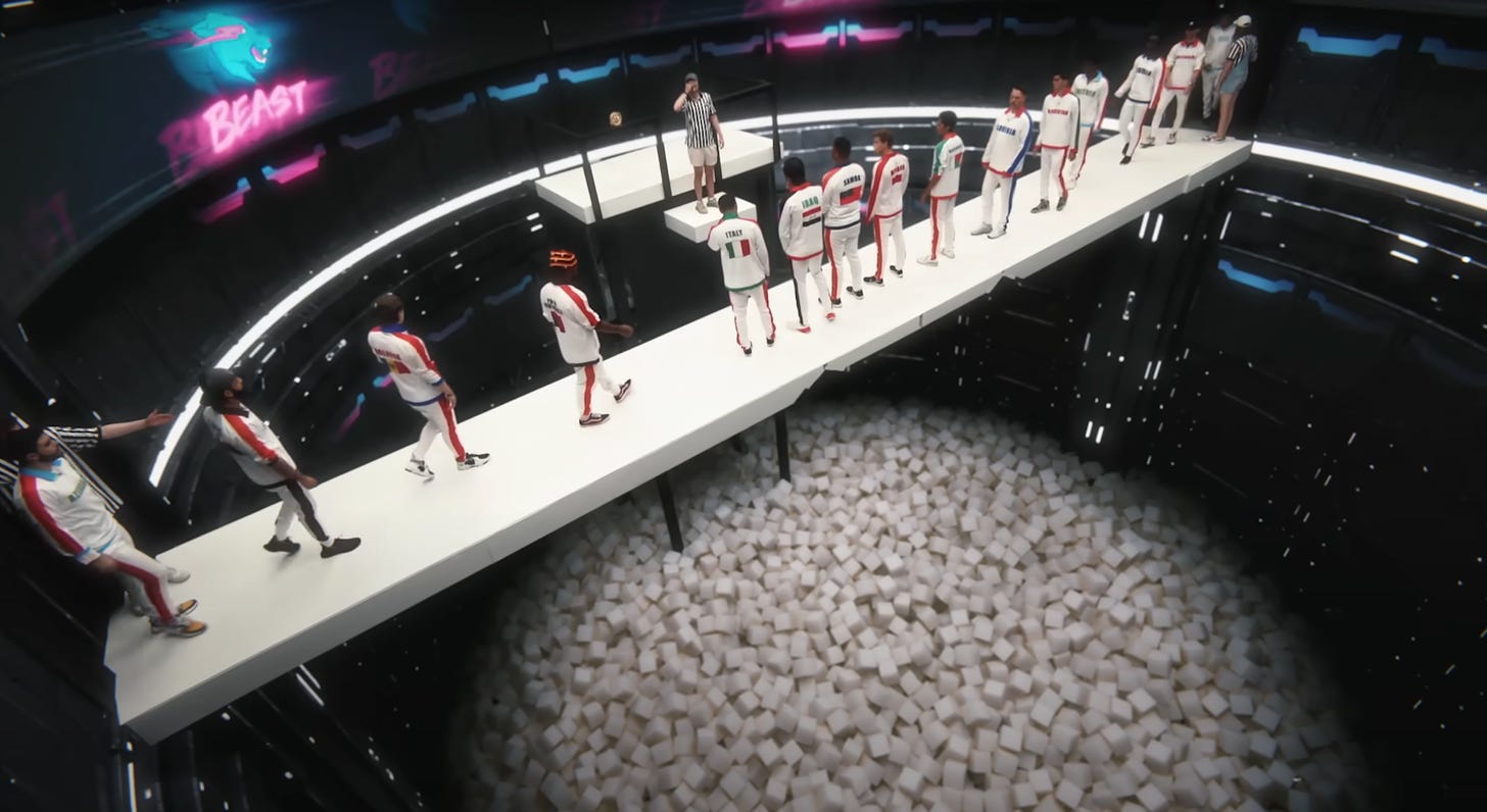 It looks like a rejected Squid Games scene, but it's actually MrBeast making contestants stand on a narrow platform over a pit filled with foam blocks. 