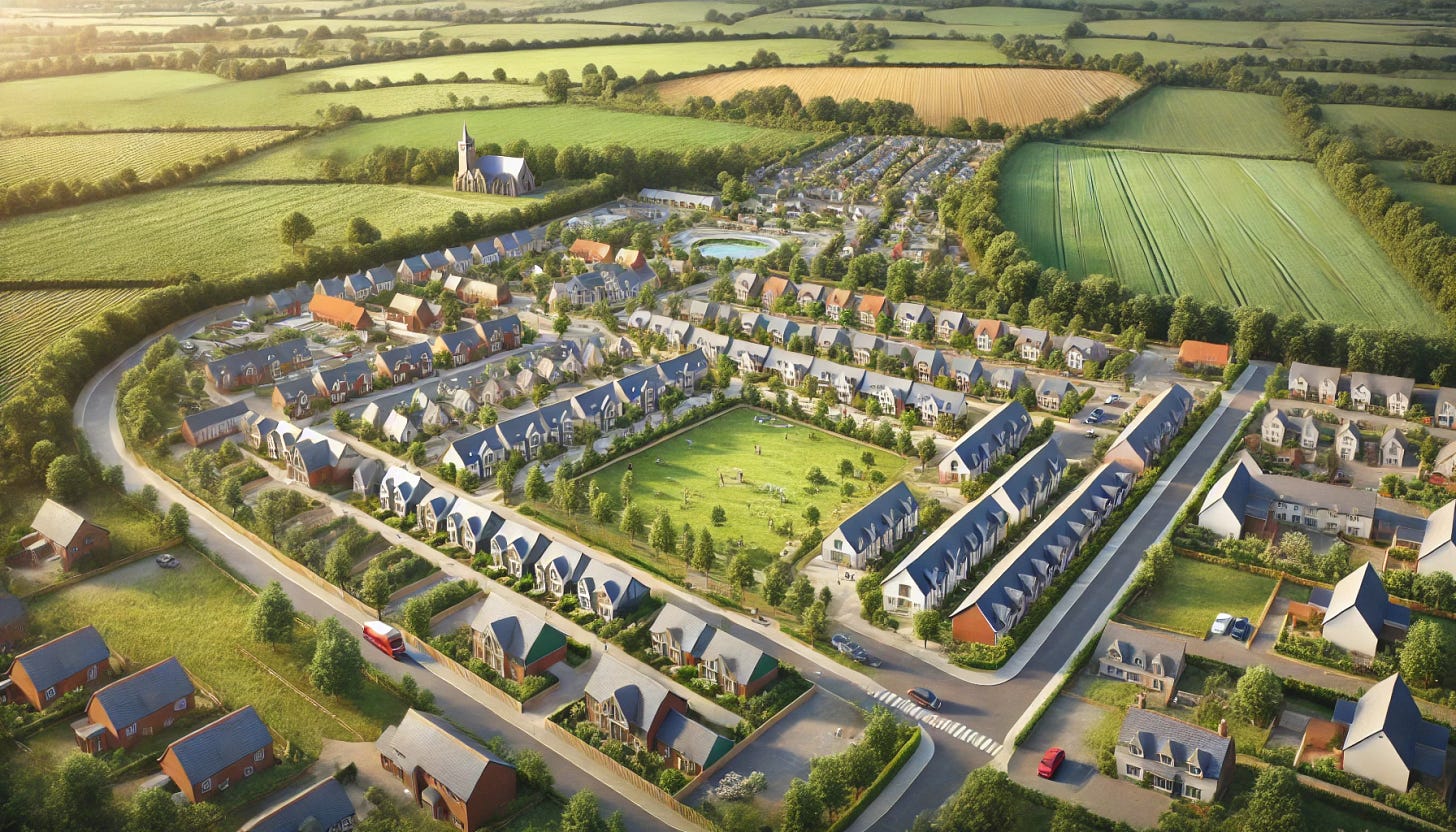 A photorealistic aerial view of a sustainable village designed with a blend of high-density and low-density housing, surrounded by green fields and small-scale farms. The village is centred around a primary school, a convenience store, and a couple of pubs, all within walking distance, fostering community interactions. High-density housing is positioned close to the village centre, ideal for young families and downsizers, while low-density homes with gardens are located at the outskirts for growing families. The layout encourages multigenerational living, with pathways connecting homes to communal spaces. The design is harmonious with the natural landscape, including tree-lined streets and recreational green spaces. The architecture is charming and human-scale, blending traditional and modern styles to create a cohesive community aesthetic.