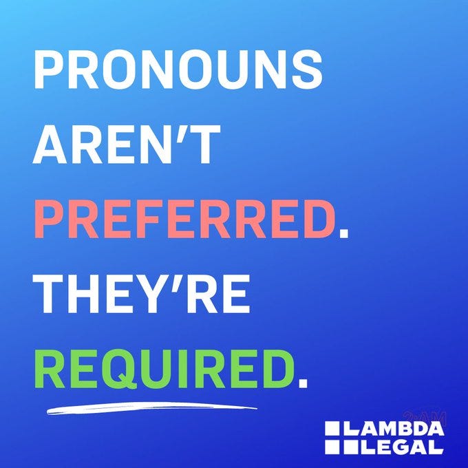 Blue background with text "Pronouns aren't preferred. They're required."