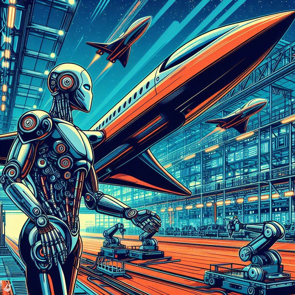 A futuristic art of electric propelled supersonic aircraft for passengers in a photorealistic style as super 8 film, with humanoid robots manufacturing planes, use pop art style