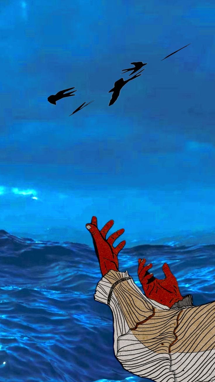 A digital collage with a blue background and a woman's hand in the far right corner. in the sky are black birds. The ocean is in the middle ground