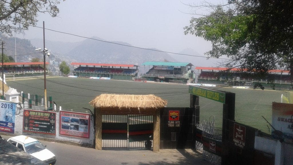 A football stadium in Aizawl, Mizoram. Football is by far the most popular sport in Mizoram, but basketball may also be catching up.