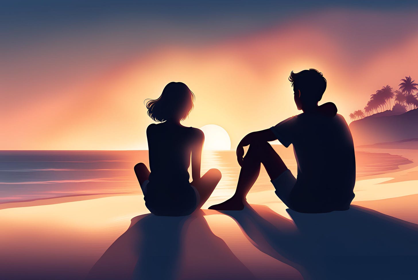 Illustration of a two friends sitting near each other on a beach