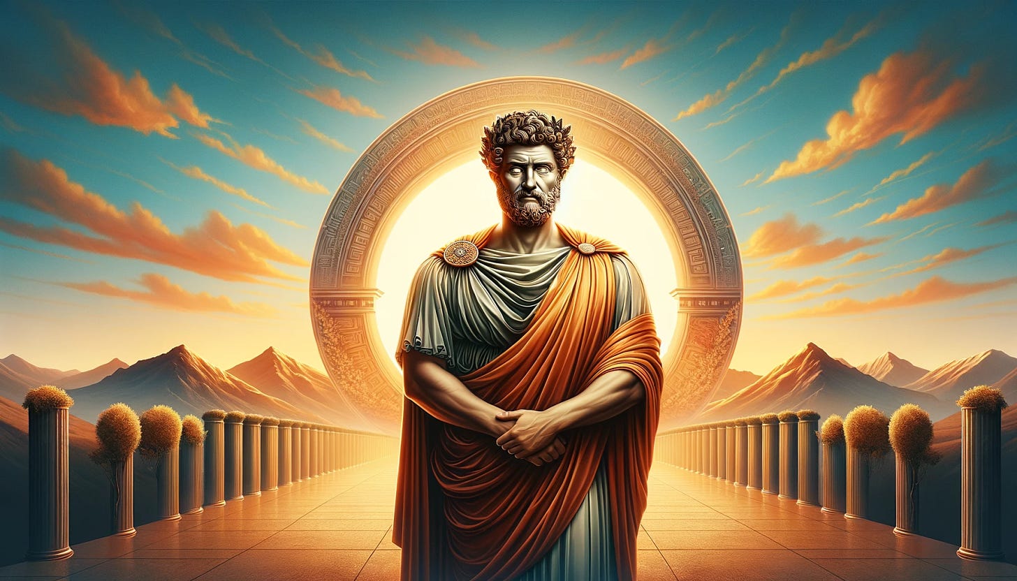 Digital artwork of a Roman emperor or philosopher with a laurel wreath crown and draped toga, standing before a large circular archway with Greek key patterns. Behind him, a dramatic sunset illuminates a colonnade pathway flanked by classical columns with ornamental trees, leading to distant mountains.