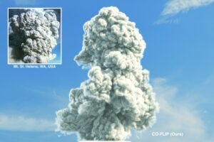 The computer vision simulation the researchers developed, compared with a photo from the explosion of Mt. St. Helens.