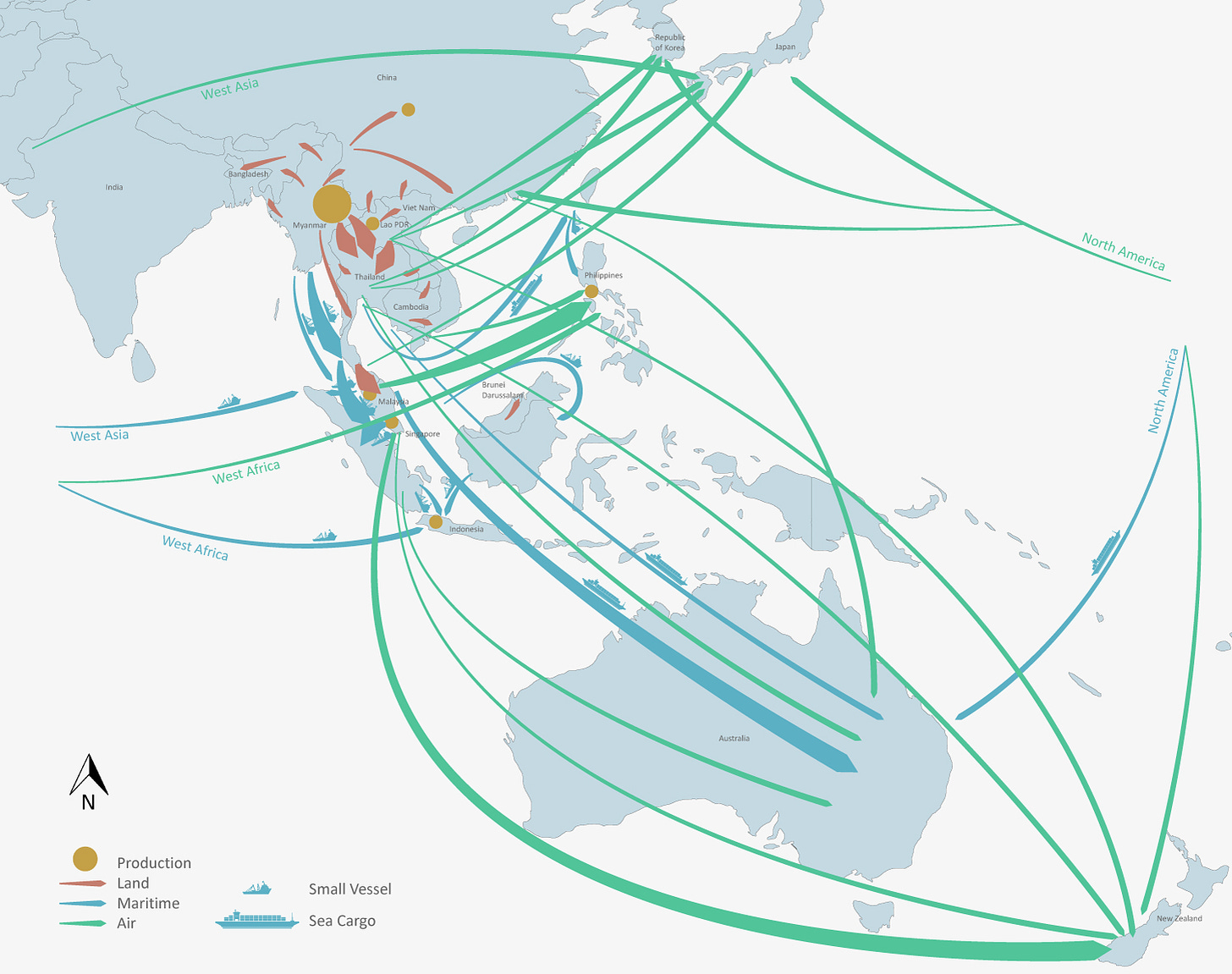 Methamphetamine trafficking routes in East and Southeast Asia, South Asia, and Oceania