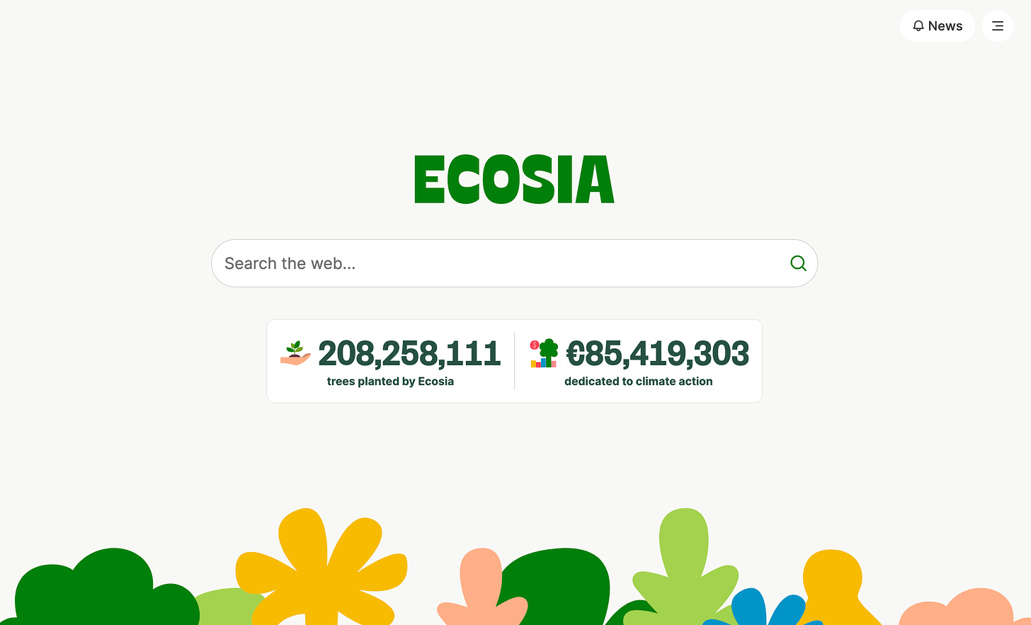 A screenshot of the Ecosia homepage
