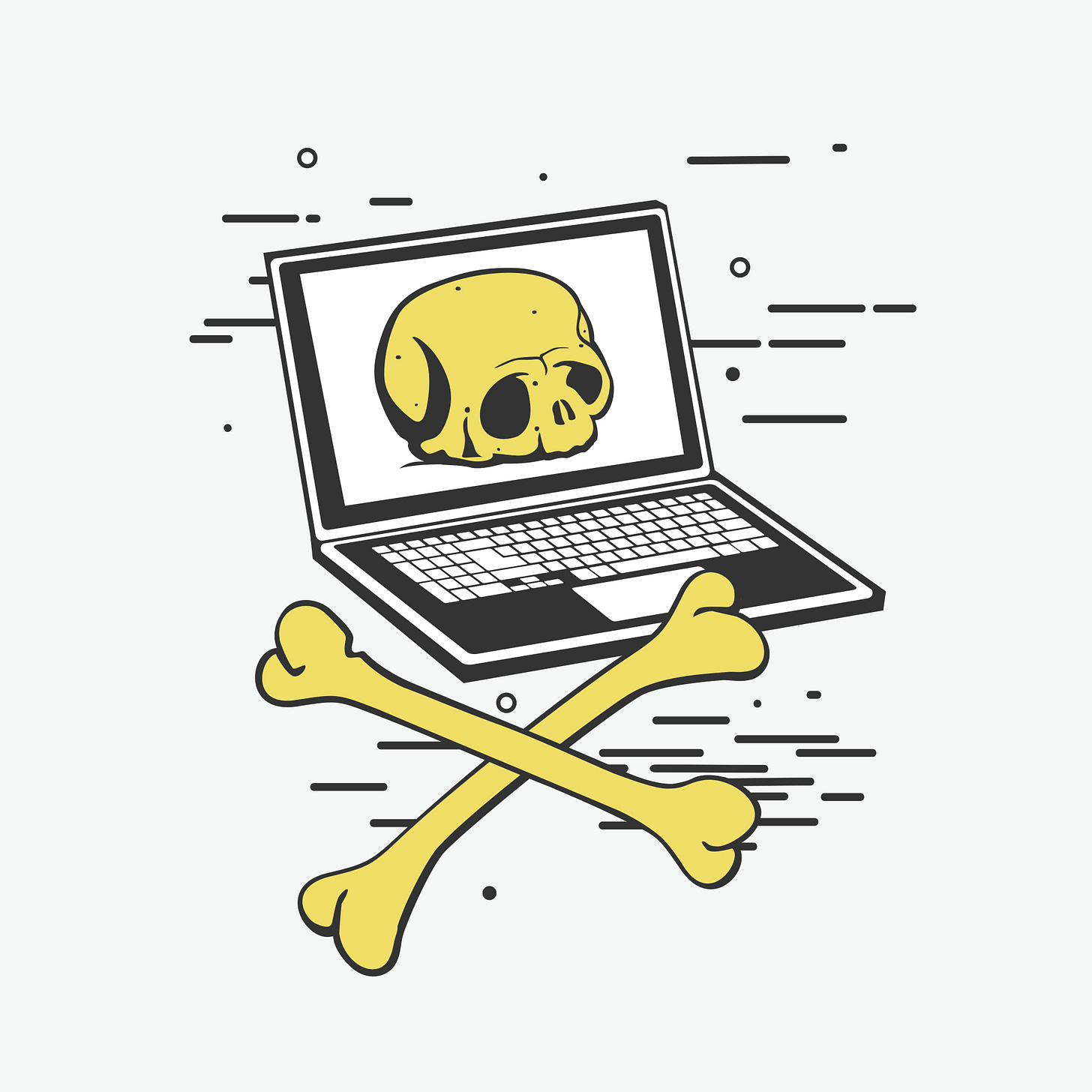 Illustration of a laptop displaying a yellow skull on its screen, with two large yellow bones crossed underneath it, mimicking a pirate flag (Jolly Roger) symbol. The background features motion lines, giving a sense of glitch or digital disruption. The image suggests themes of digital decay, outdated technology, or tool fatigue.
