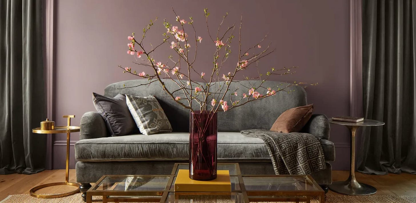 blush, earthy painted feature wall with grey sofa and coffee table