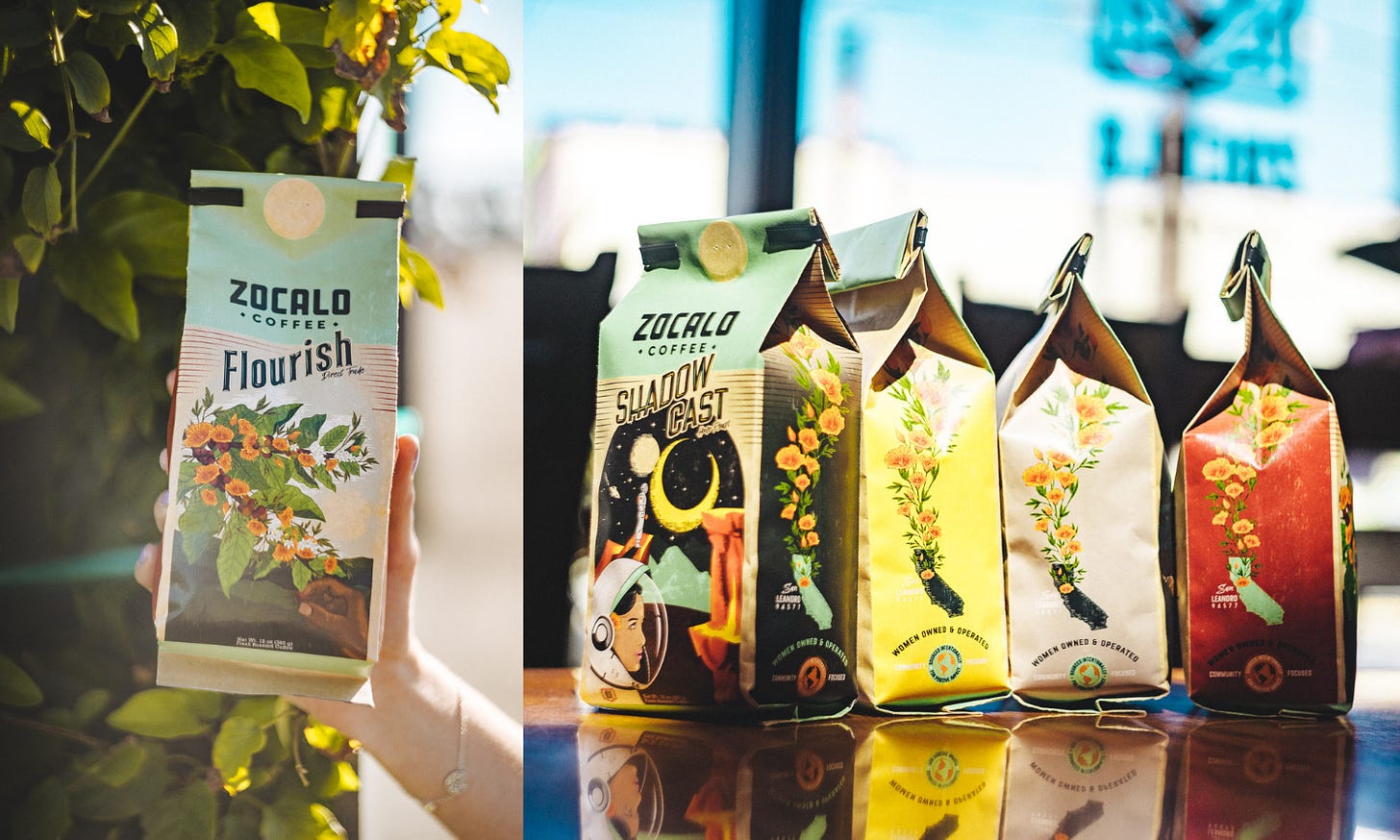 Floral illustrations coming out of the shape of California adorn the side of several coffee bags lined up on a table and a secondary photo with the front of the bag being shown to the camera featuring a floral illustration.