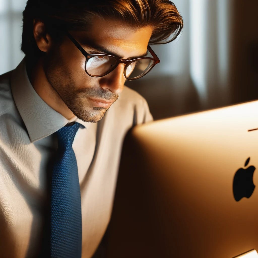 Create an image of an accountant in their 40s with brown hair and glasses, wearing a tie, and carefully reading something on an Apple computer. The individual is focused and concentrated, leaning slightly forward towards the Apple logo visible on the back of the screen, to better understand the information displayed. They are dressed in professional attire, including a clearly visible tie, which suggests a formal work environment. The room is softly illuminated by the light from the computer screen, highlighting their intense concentration. This scene captures a moment of meticulous work, showcasing the accountant's commitment to accuracy and detail in their profession.