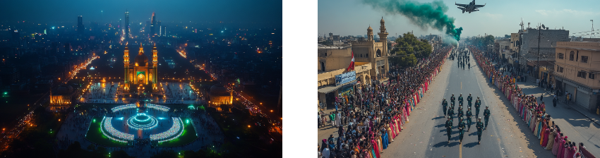 A contrasting pair of images depicting national pride and celebration: on the left, an aerial night view of a grand, illuminated mosque surrounded by city lights, fountains, and crowds, creating a festive and vibrant atmosphere; on the right, a daytime scene of a military parade on a crowded street with spectators on both sides, uniformed soldiers marching, and a jet flying overhead, releasing green smoke, highlighting a patriotic display.