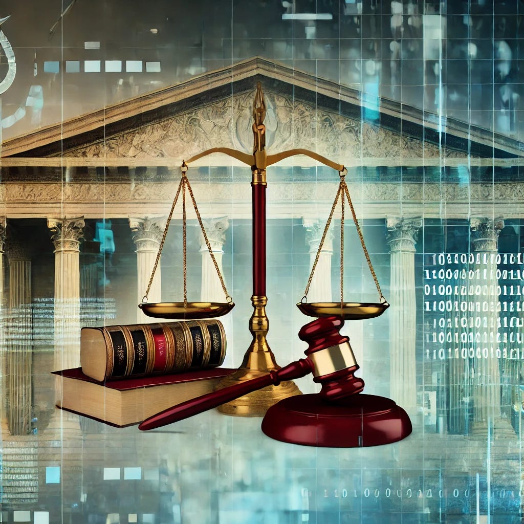 A symbolic representation of the legal landscape. The image features scales of justice prominently in the center, with various legal documents, books, and a gavel surrounding it. Behind the scales, there is a courthouse building with classical architecture. The background includes a digital overlay of data and binary code to symbolize the integration of technology in law. The overall atmosphere is formal and authoritative, reflecting the seriousness and complexity of the legal field.