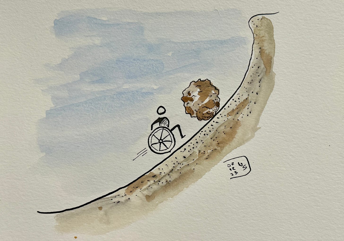 India ink and watercolor sketch of a stylized person in a wheelchair pushing a boulder larger than they are up a very steep slope with a lip at the top.