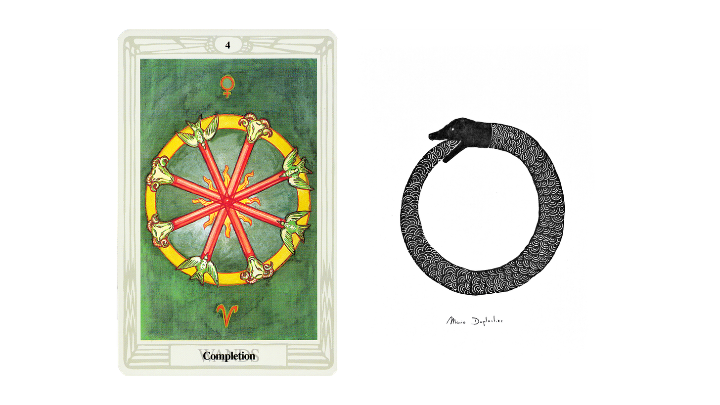 Two images side by side. On the right, a tarot card - the four of wands from the Thoth tarot. On the left, a black and white drawing of a snake eating its own tail - the ouroborous, illustrated by Mario Duplantier. 