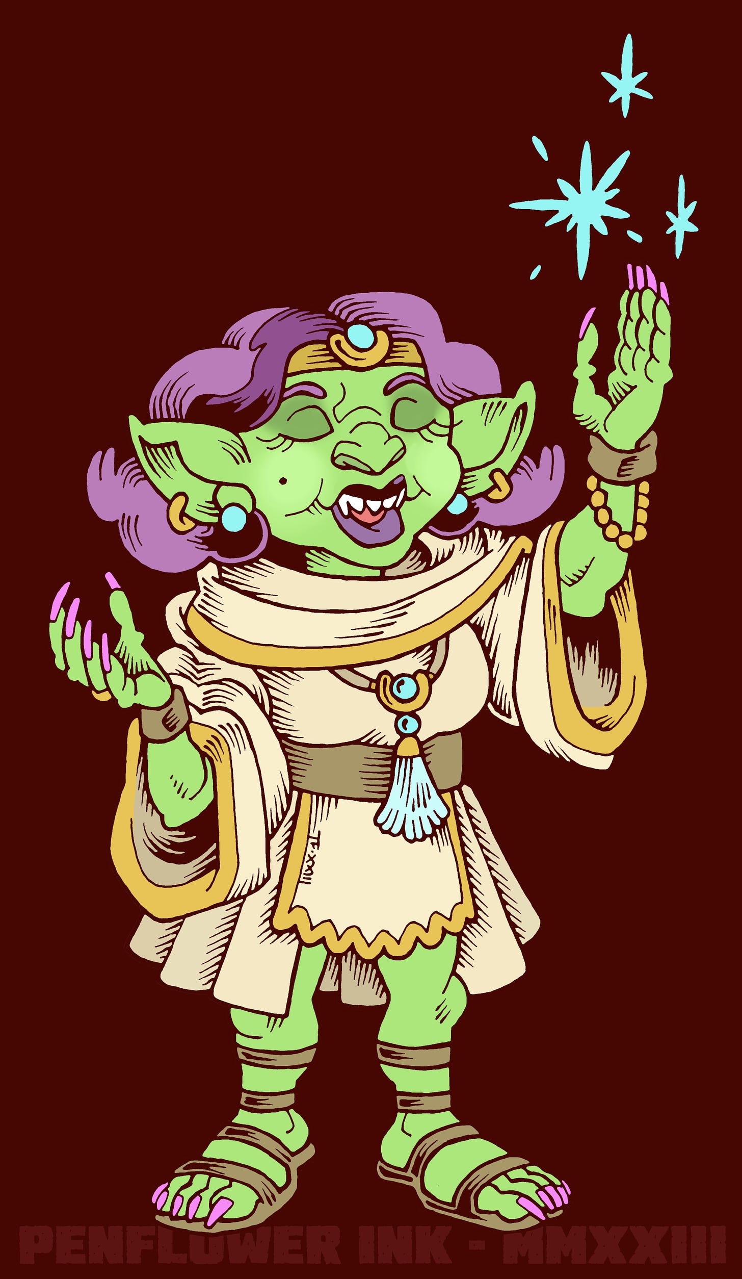 Traditionally hand-drawn and digitally coloured illustration of a female goblin with green skin and pink hair. She is wearing cream coloured robes with gold trim, along with sandals, a head-band adorned with a blue pearl, and pink nail varnish. She has make-up and jewellery, and has one hand raised, casting a blue magic spell.
