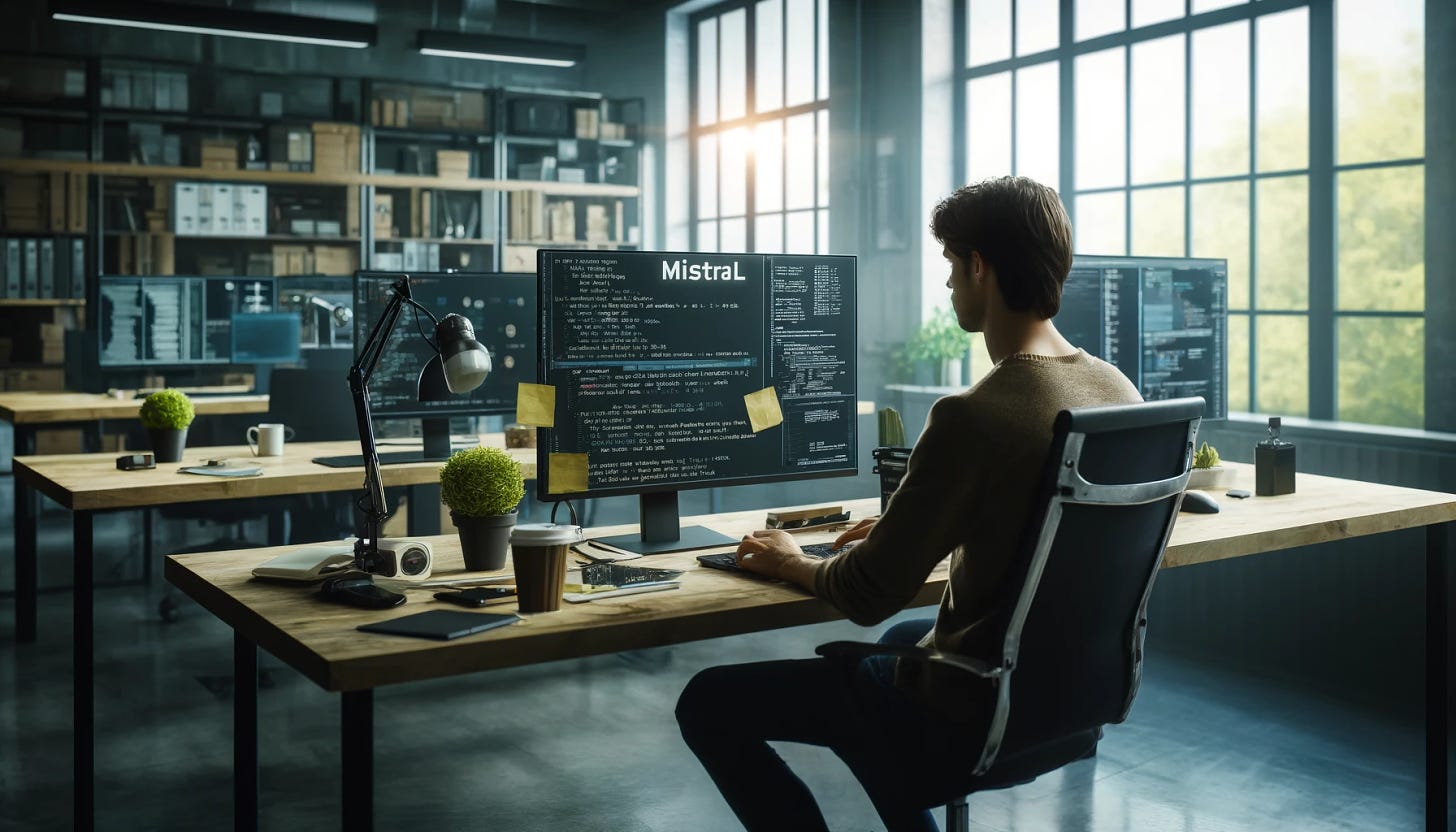 A developer sitting at a workstation, fine-tuning Mistral's AI models. The scene is set in a modern, well-lit office with large windows. The developer is focused on their computer screens, which display complex code and AI model parameters. The workspace has various tech gadgets, sticky notes, and a coffee cup. The background includes shelves with tech books and some green plants for a touch of nature.