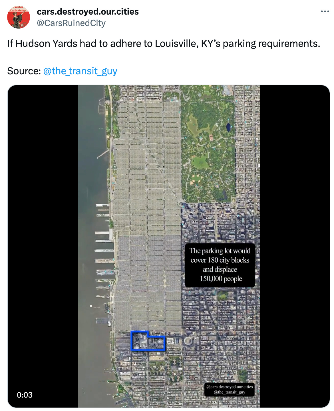  See new posts Conversation cars.destroyed.our.cities @CarsRuinedCity If Hudson Yards had to adhere to Louisville, KY’s parking requirements.  Source:  @the_transit_guy