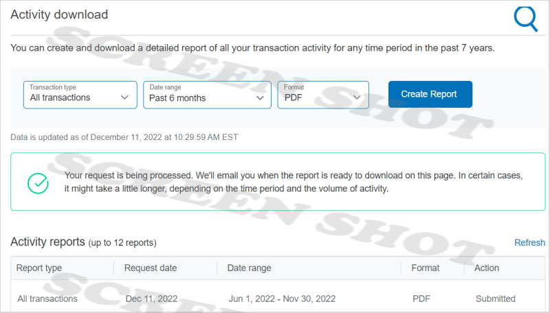 PayPal Activity Download Form Screenshot.