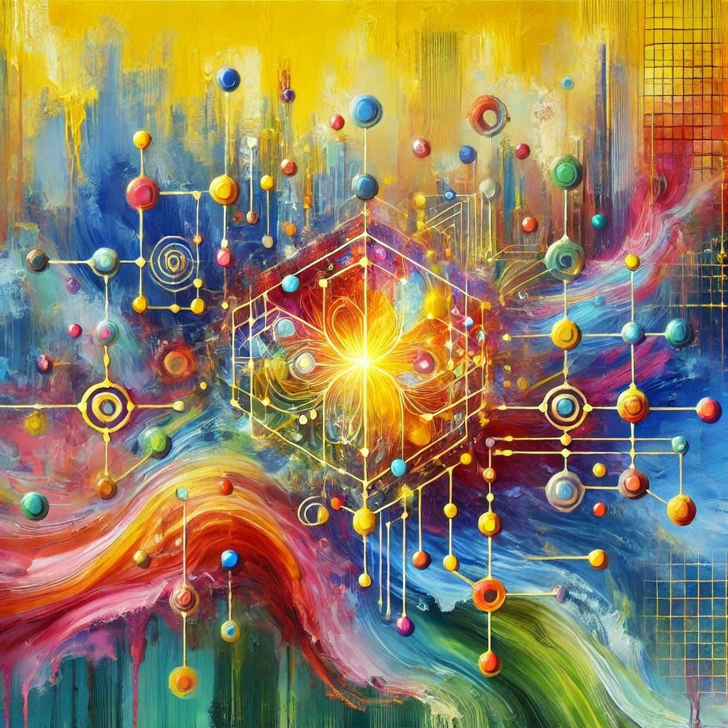 An abstract painting representing the transformative impact of AI and personalized technology on work and society. The composition features a central, vibrant network of interconnected shapes and lines in bright colors like yellow, orange, and pink, symbolizing AI agents and human interaction. The background blends harmonious shades of green and blue, evoking a sense of balance and progress. Fluid, playful brushstrokes add texture, while the focal point conveys scalability and personalization. The overall aesthetic suggests innovation, adaptability, and the merging of human and artificial intelligence.