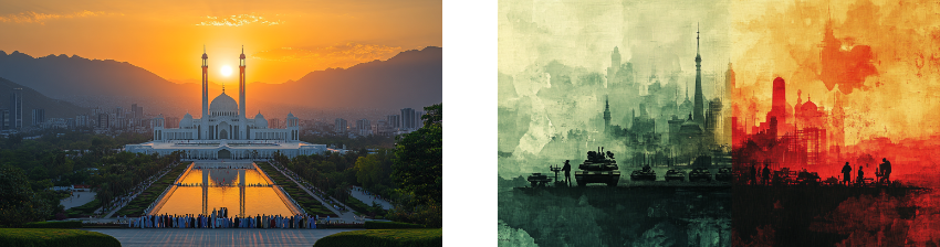 A split image featuring two contrasting scenes: on the left, a serene sunset over a large mosque with minarets, a reflection pool, and people gathered in front, framed by city buildings and mountains; on the right, a stylized cityscape split into green and red hues, depicting military tanks, soldiers, and civilians against an abstract backdrop of towers and smoke, symbolizing conflict and division.