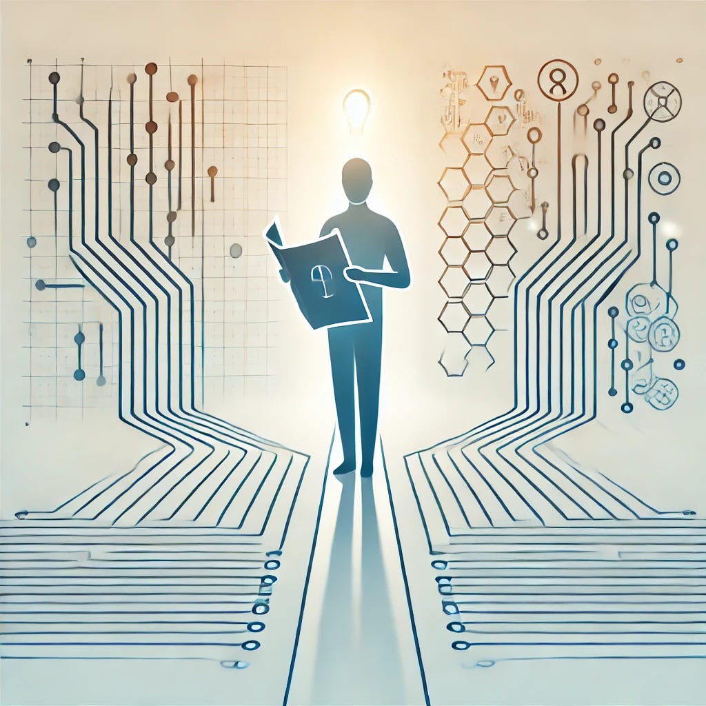 A clear, minimalist illustration of an AI Product Manager with a simple, balanced color palette. The image shows a human figure standing at a well-defined intersection: one path leads to a maze of neatly arranged digital circuits in cool blue tones (representing AI and technology), and the other to an open, softly glowing space in warm orange hues (symbolizing strategic thinking and innovation). The human holds a clearly visible roadmap or blueprint, symbolizing leadership and decision-making. Subtle, clean symbols of AI like neural networks and data graphs are integrated into the background. The design is crisp, modern, and easy to interpret.