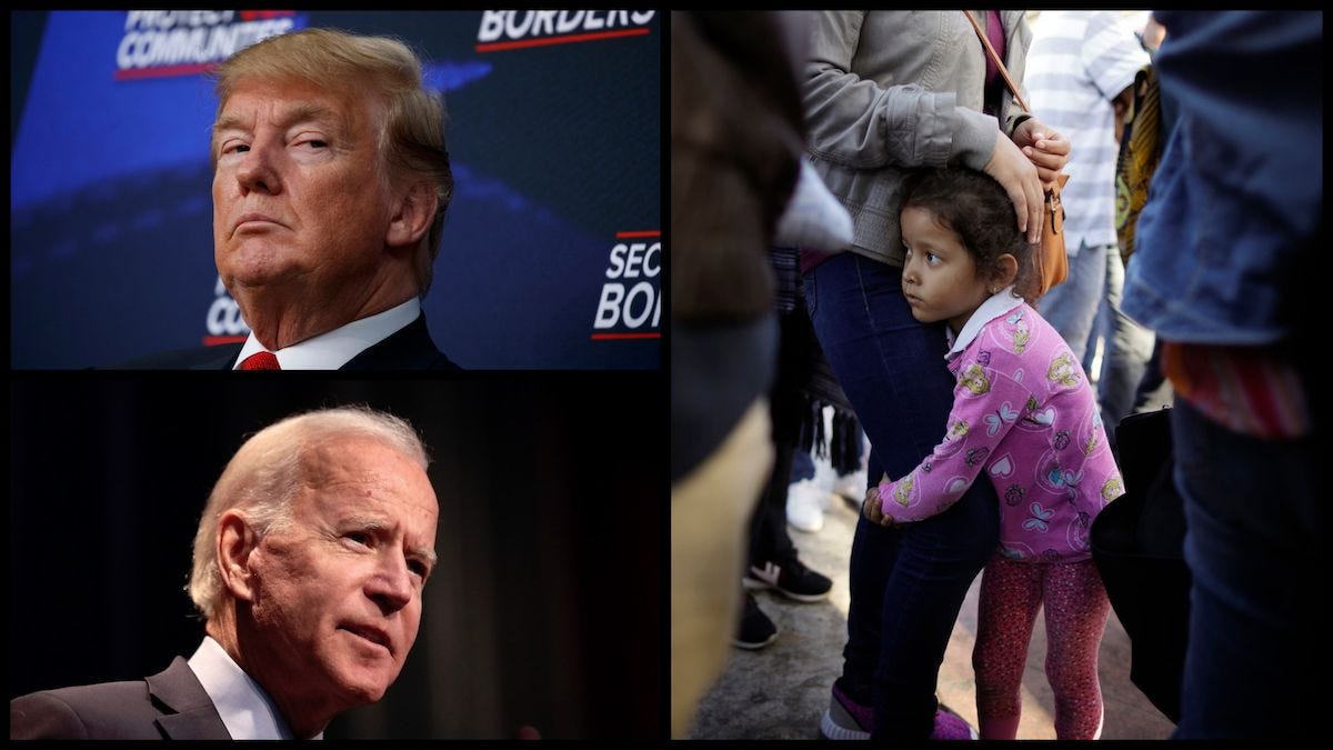 President Donald Trump (AP), Former Vice President Joe Biden ((Gage Skidmore/CC BY-SA), and migrants waiting to request political asylum in the United States, across the border in Tijuana, Mexico &#8211; June 13, 2018 (AP Photo/Gregory Bull).